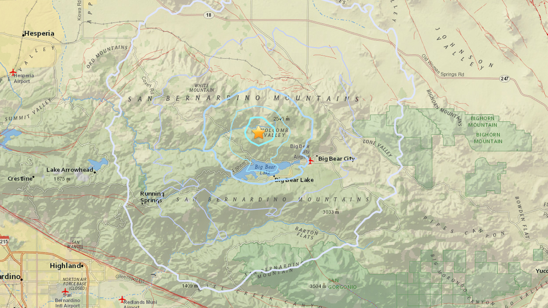 A USGS map shows the location of a magnitude 3.2 earthquake that struck near Big Bear City on Aug. 18, 2018.