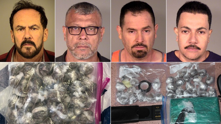 The Ventura County Sheriff’s Office provided these booking photos of Jose Gonzalez-Chaidez, Abraham Chaidez, Jose Rodriguez and Eliseo Gonzalez on Aug. 14, 2018, as well as images of heroin the agency said were confiscated from them.