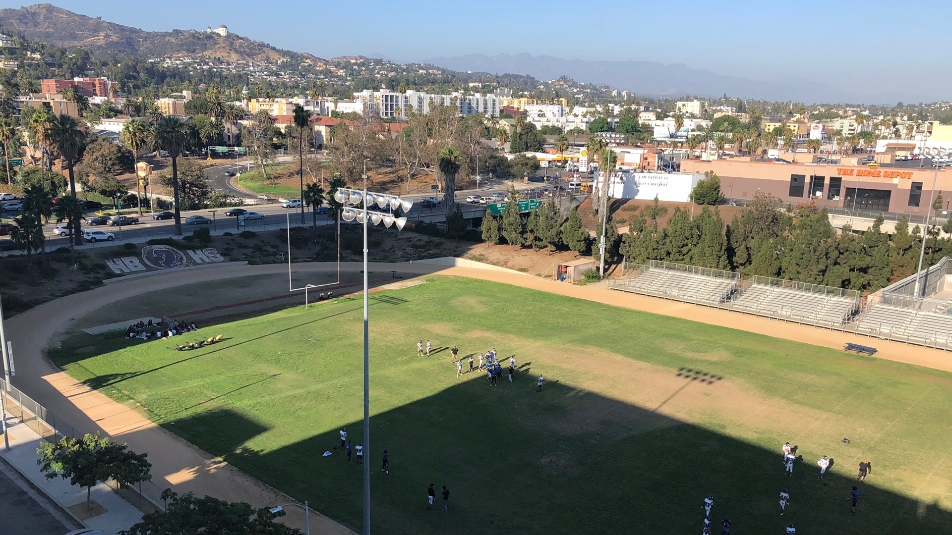 The football field at Helen Bernstein High School, on the 1300 block of Wilton Place in Hollywood, is seen on Sept. 11, 2018. (Credit: KTLA)