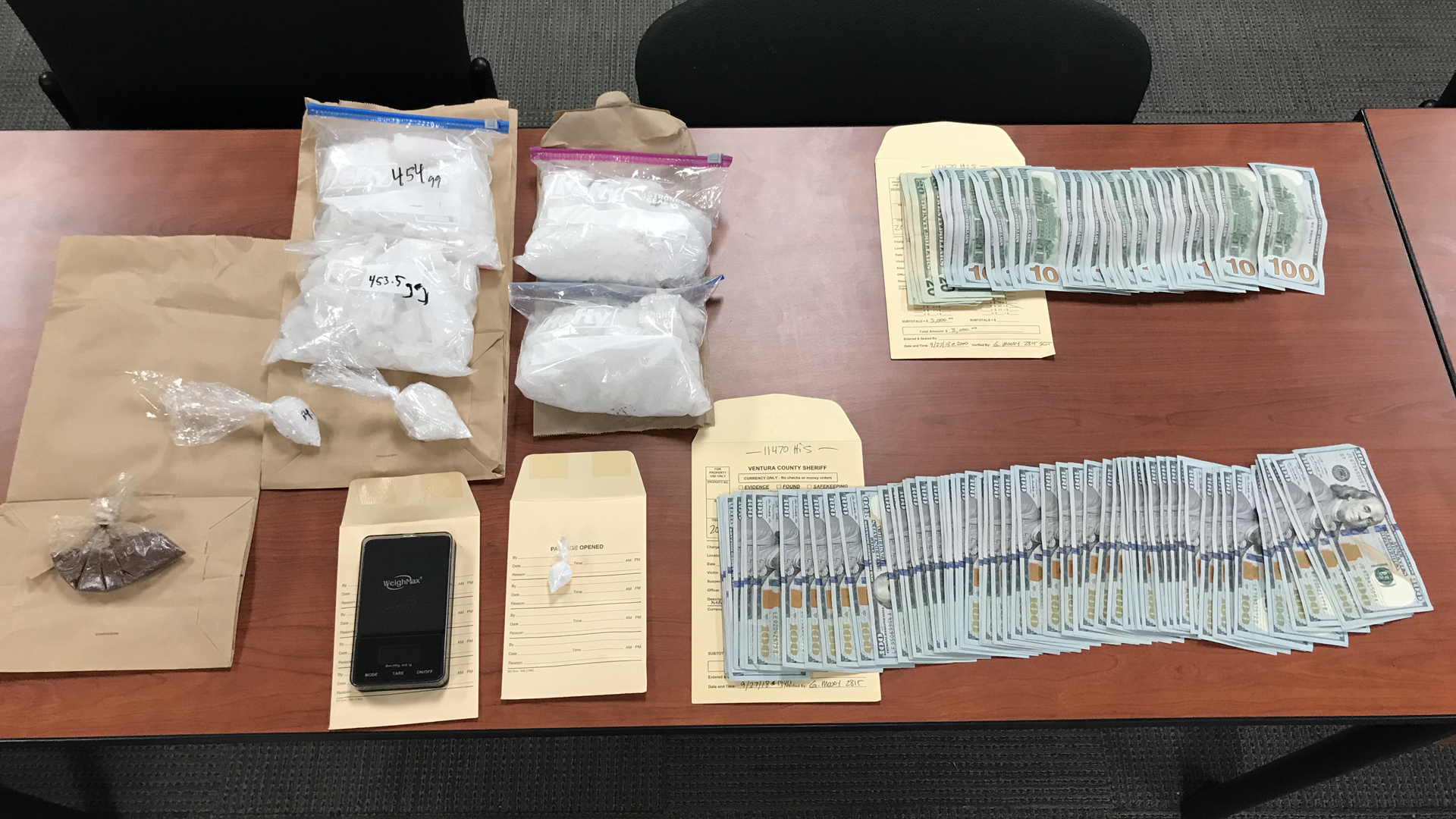 Ventura County sheriff's detectives found two pounds of methamphetamine and two ounced of heroin hidden in a secret compartment of a car during a drug investigation that concluded with a traffic stop in Thousand Oaks on Sept. 27, 2018. (Credit: Ventura County Sheriff's Office)