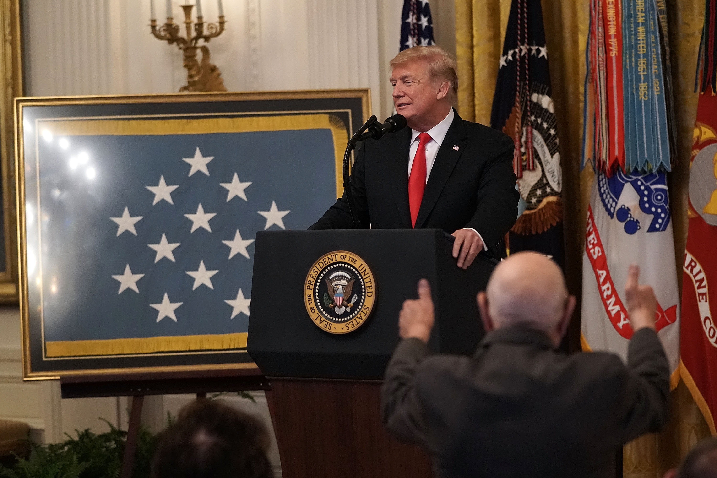 Donald Trump delivers remarks during a Congressional Medal of Honor Society reception at the East Room of the White House on Sept. 12, 2018. (Credit: Alex Wong/Getty Images)