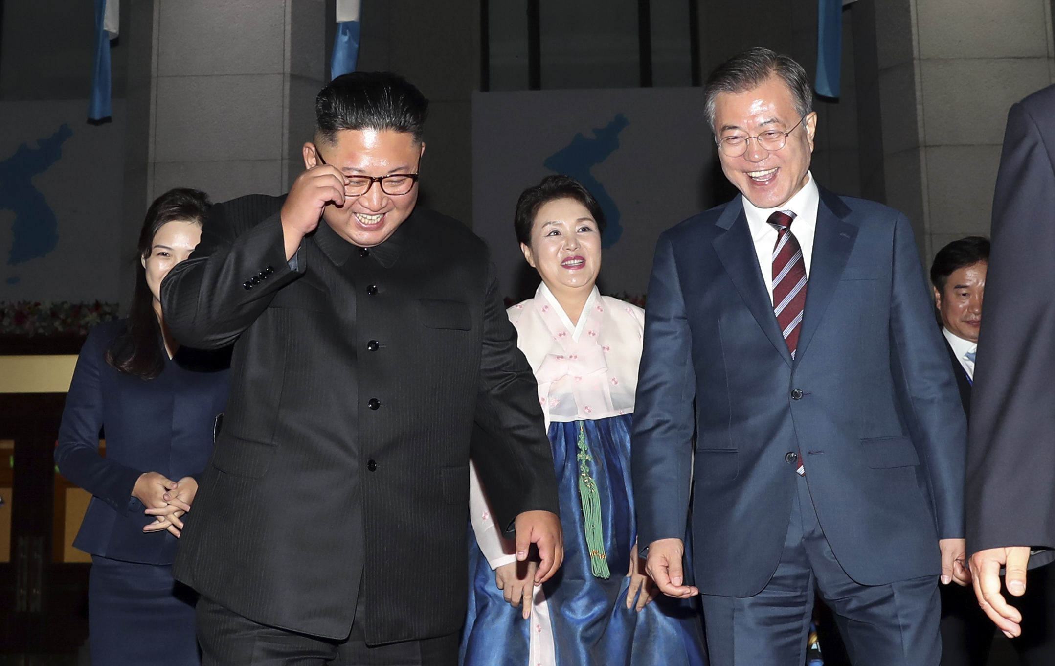 South Korea's President Moon Jae-in, right, leaves with North Korean leader Kim Jong Un after watching an art performance at Pyongyang Grand Theater on Sept.18, 2018 in Pyongyang, North Korea. (Credit: Pyeongyang Press Corps/Getty Images)