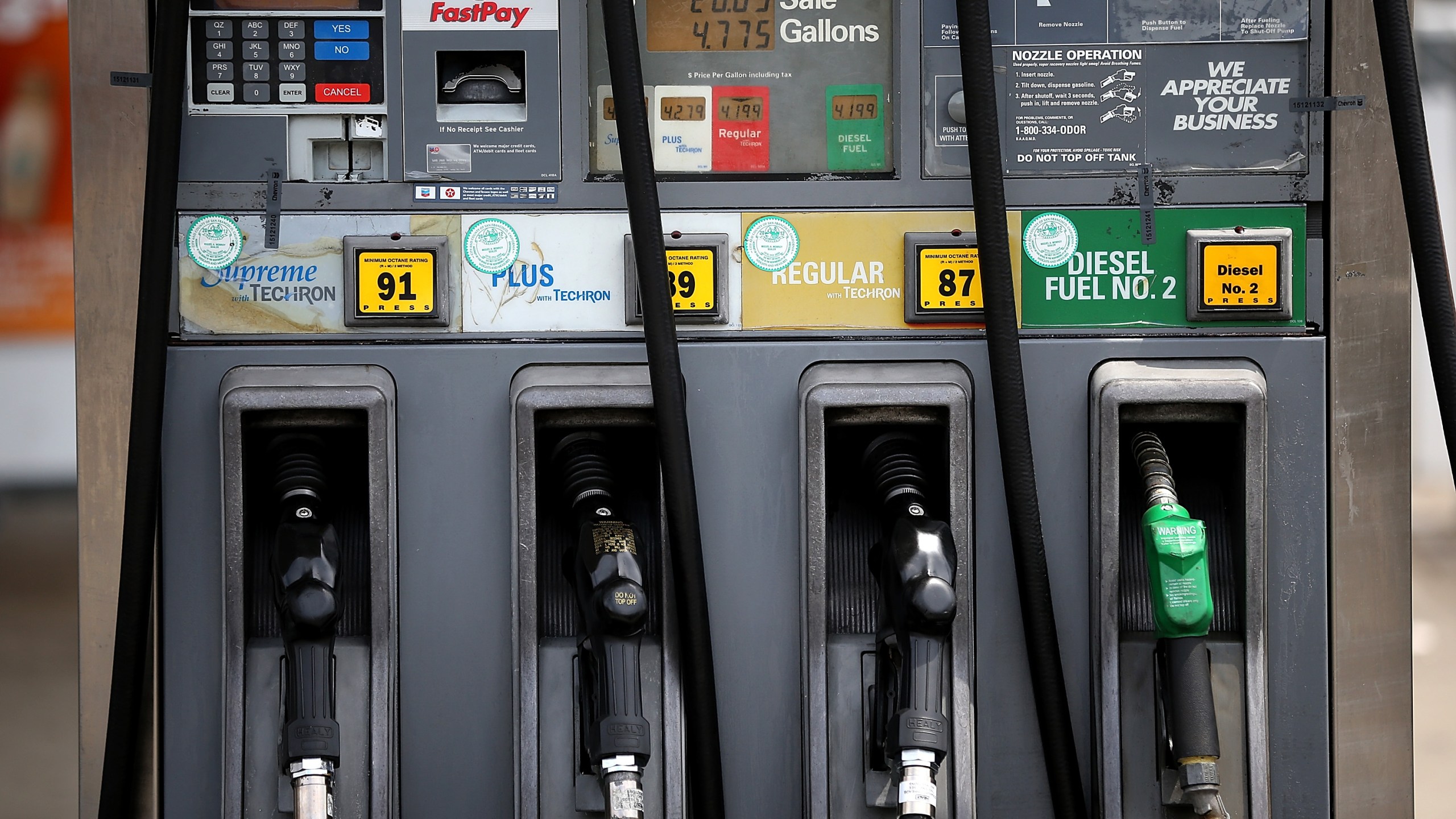 Gas pumps are seen at a Chevron gas station on July 22, 2013 in San Francisco. (Credit: Justin Sullivan/Getty Images)