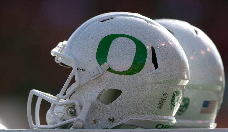 Isolated view of Oregon Ducks helmets on the sideline during the Ducks game against the Utah Utes at Rice-Eccles Stadium on November 19, 2016 in Salt Lake City, Utah. (Credit: Gene Sweeney Jr/Getty Images)