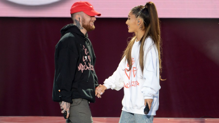 In this handout provided by 'One Love Manchester' benefit concert, Mac Miller and Ariana Grande perform on stage on June 4, 2017 in Manchester, England. (Credit: Getty Images/Dave Hogan for One Love Manchester)