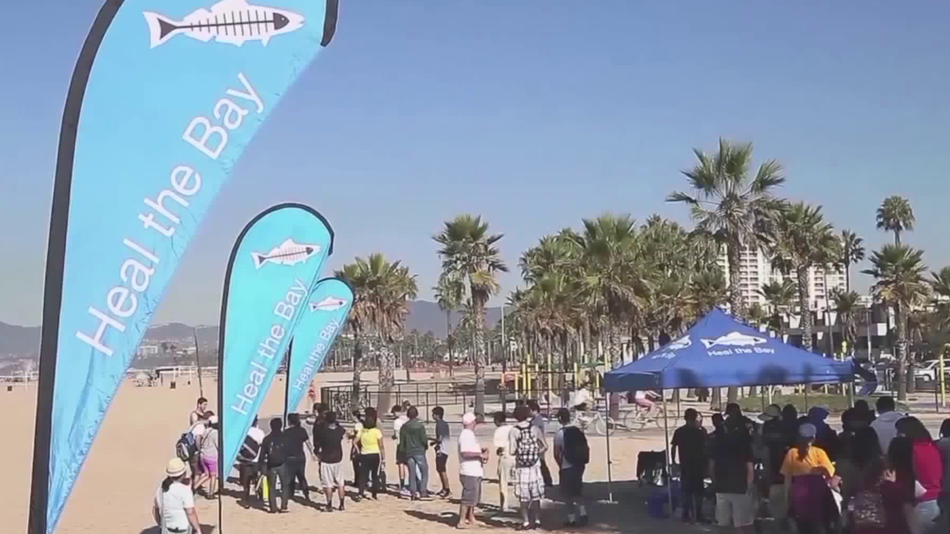 Volunteers gathered at Santa Monica State Beach for Coastal Cleanup Day on Sept. 15, 2018. (Credit: KTLA)