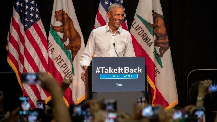 Former President Barack Obama speaks at a campaign event in Anaheim on Saturday. (Credit: Irfan Khan / Los Angeles Times)