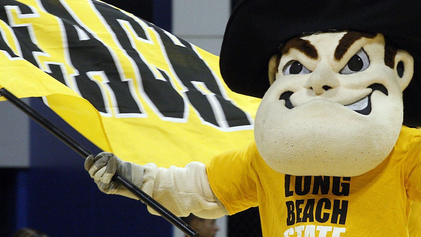 Cal State Long Beach mascot Prospector Pete fires up the crowd before a game at the Pyramid in 2011. (Credit: Luis Sinco / Los Angeles Times)