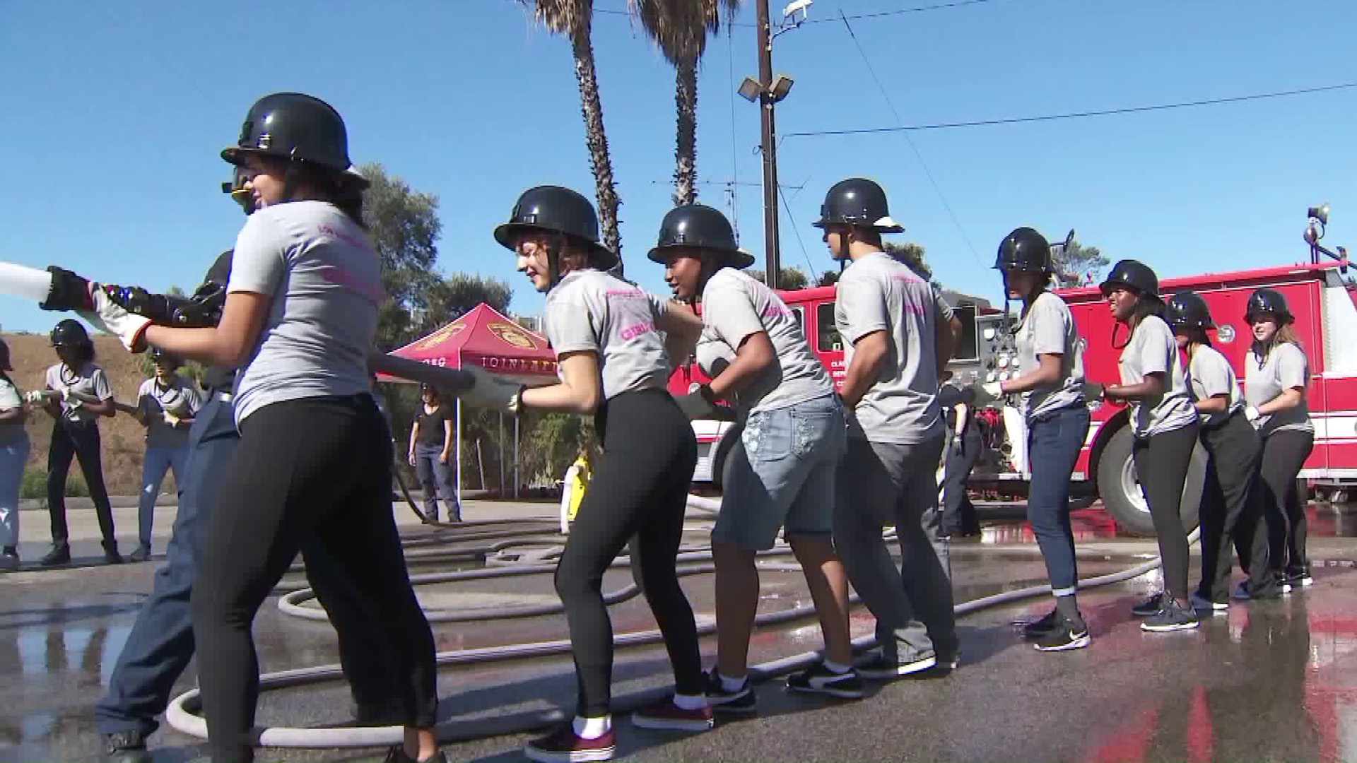 Teenagers participate in a camp hosted by the Los Angeles Fire Department at the Frank Hotchkin Memorial Training Center in Elysian Park on Sept. 15, 2018. (Credit: KTLA)