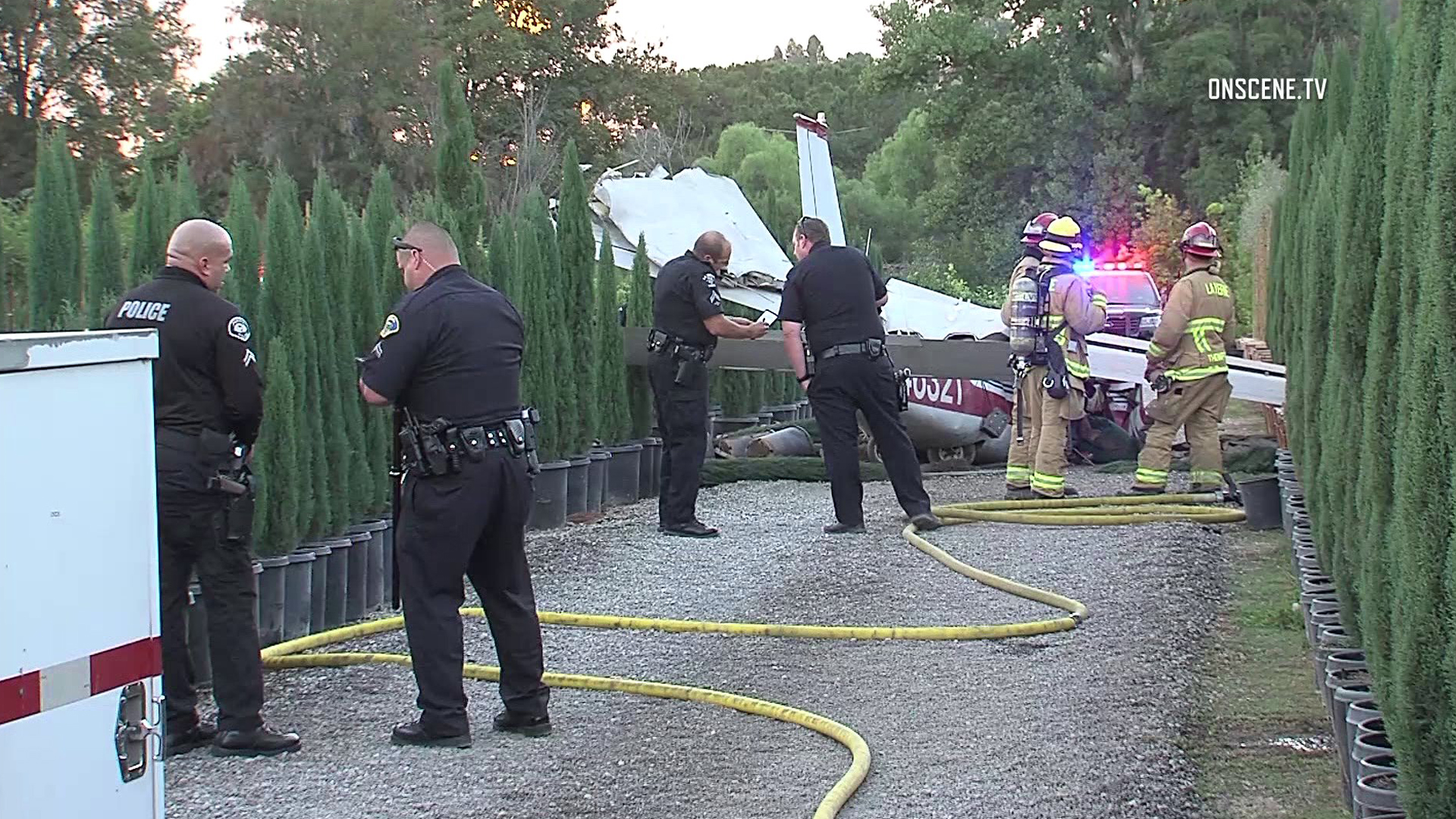 A man died and a woman was seriously hurt in a single-engine airplane crash near Brackett Field Airport in La Verne on Sept. 30, 2018. (Credit: OnScene)