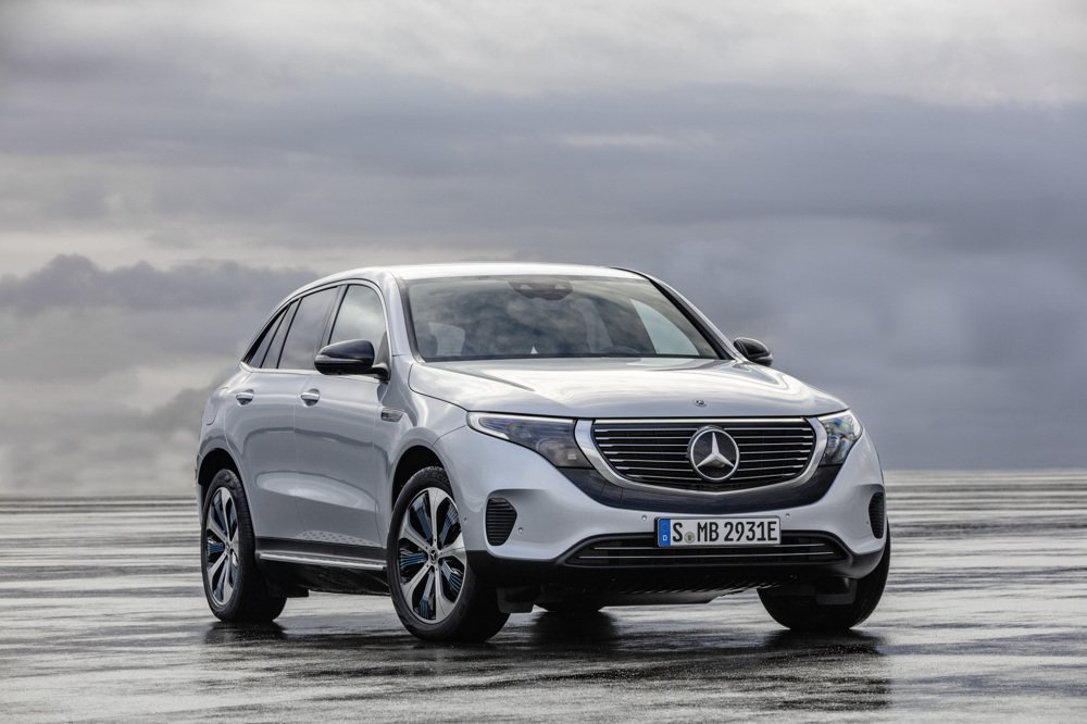 The Mercedes-Benz EQC, the carmaker's first all-electric SUV, is distinguished by a black band running under the grill and a bar of white light above it. (Credit: Mercedes-Benz via CNN)