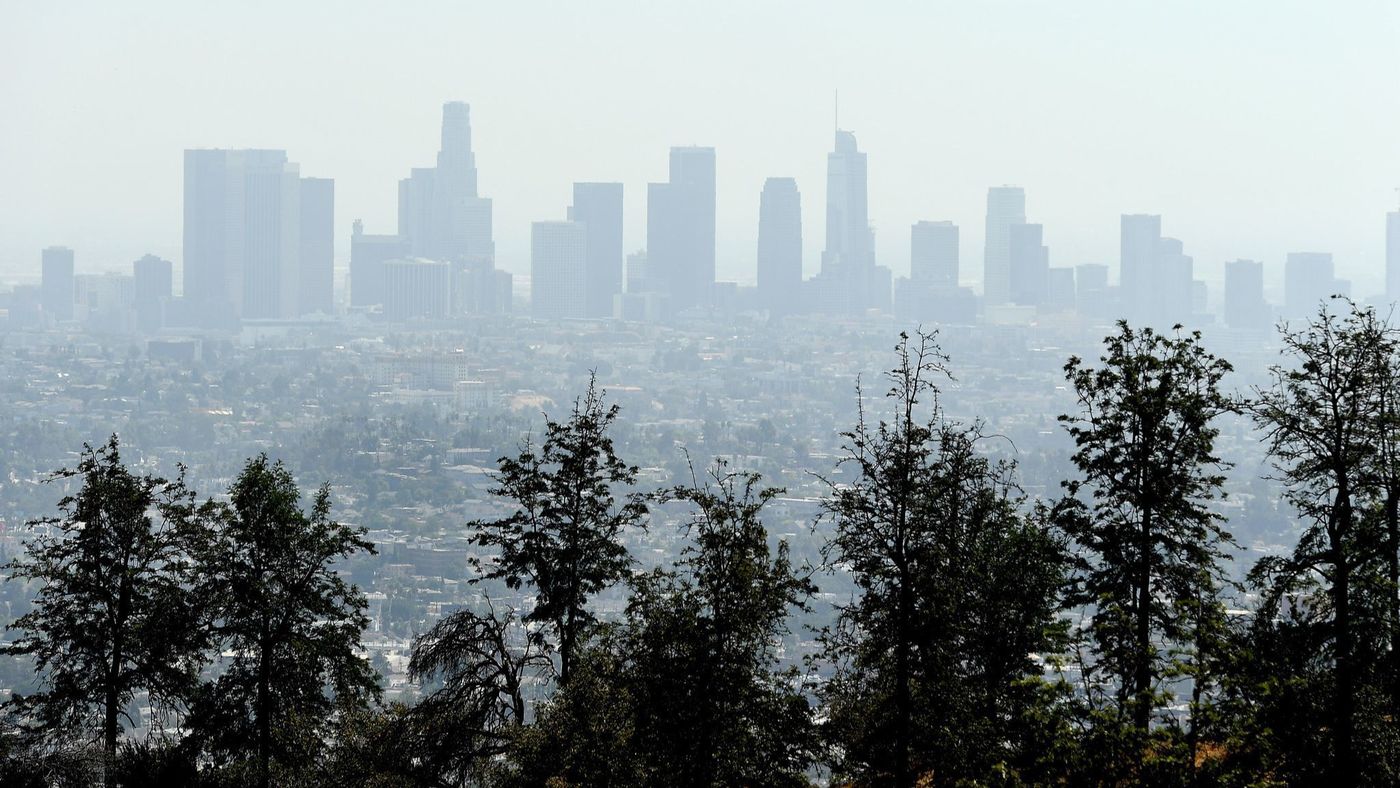 Smog is seen enveloping the downtown Los Angeles skyline in this undated photo. (Credit: Wally Skalij / Los Angeles Times)