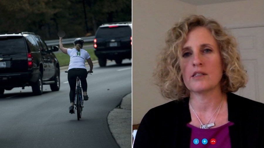 At left, Juli Briskman gestures with her middle finger as a motorcade with U.S. President Donald Trump departs Trump National Golf Course Oct. 28, 2017, in Sterling, Virginia. At right, she is seen speaking to CNN via Skype on Nov. 6, 2017.(Credit: Brendan Smialowski / AFP / Getty Images and CNN)