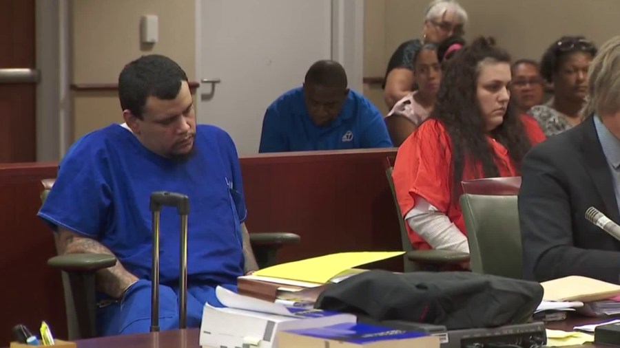 Kareem Ernesto Leiva, left, and Heather Maxine Barron appear for their arraignment in a Lancaster courtroom on Oct. 3, 2018. (Credit: KTLA)