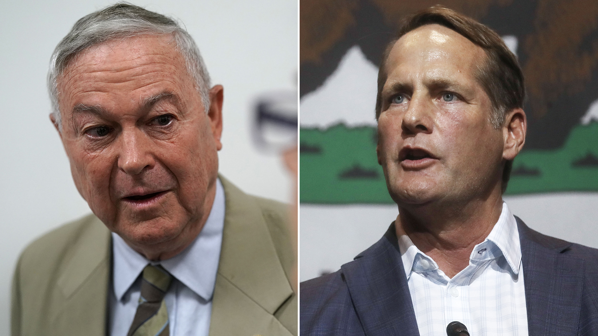 At left, incumbent GOP Rep. Dana Rohrabacher speaks to the media after leaving a Republican conference meeting on Capitol Hill, June 7, 2018. At right, Democratic congressional candidate Harley Rouda speaks at an election rally in Fullerton on Oct. 4, 2018. (Credit: Alex Wong / Mario Tama / Getty Images)