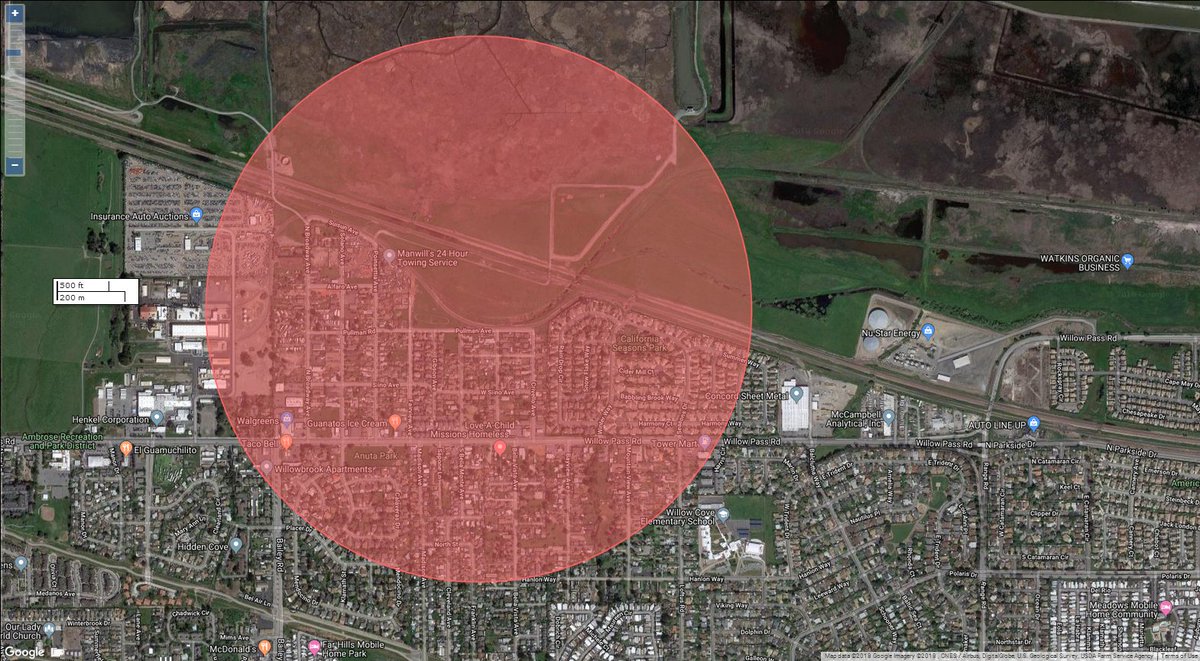 The Contra Costa County Fire Protection District tweeted this image indicating an area evacuated on Oct. 18, 2018 due to a fire threatening a pipeline.