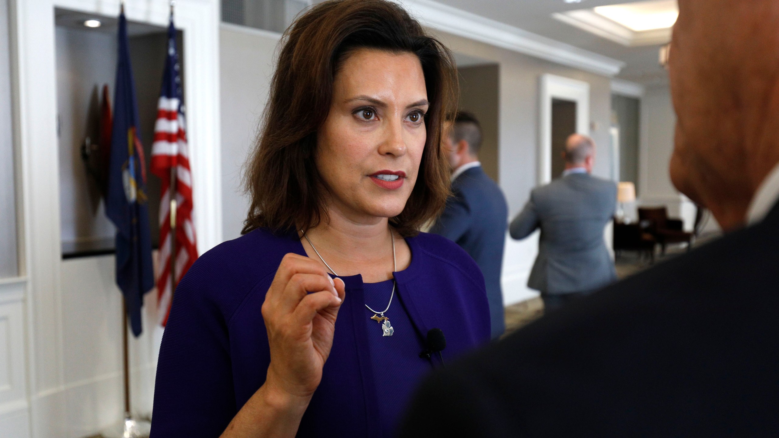 Gretchen Whitmer speaks with a reporter after a Democrat Unity Rally at the Westin Book Cadillac Hotel Aug. 8, 2018 in Detroit, Michigan. (Credit: Bill Pugliano/Getty Images)