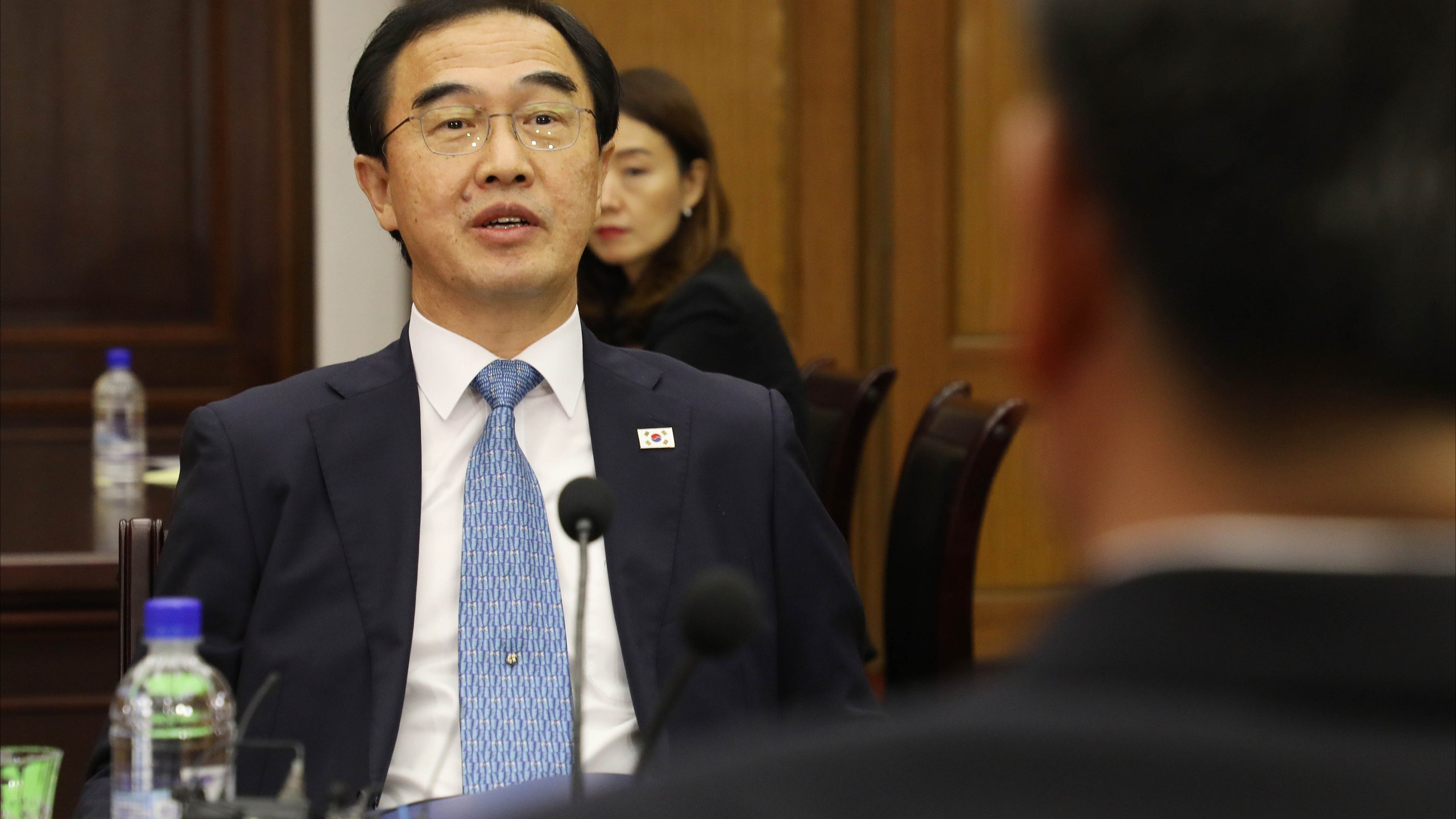 South Korean Unification Minister Cho Myoung-Gyon talks during a meeting on August 13, 2018 in Panmunjom, North Korea. (Credit: South Korean Unification Ministry via Getty Images)