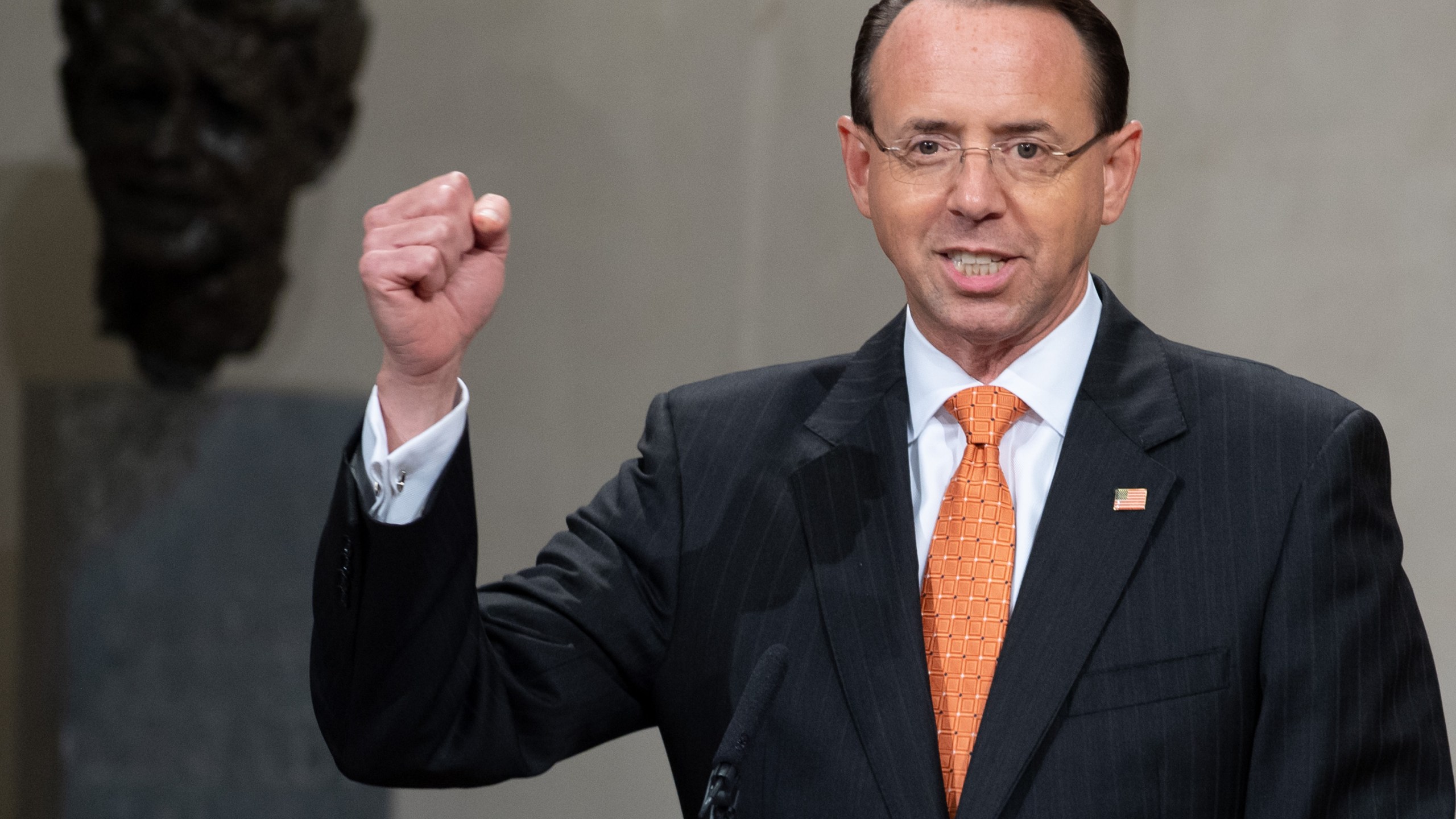 U.S. Deputy Attorney General Rod Rosenstein speaks during the Second Annual Attorney General's Award for Distinguished Service in Policing at the Department of Justice on Sept. 18, 2018. (Credit: Saul Loeb/AFP/Getty Images)