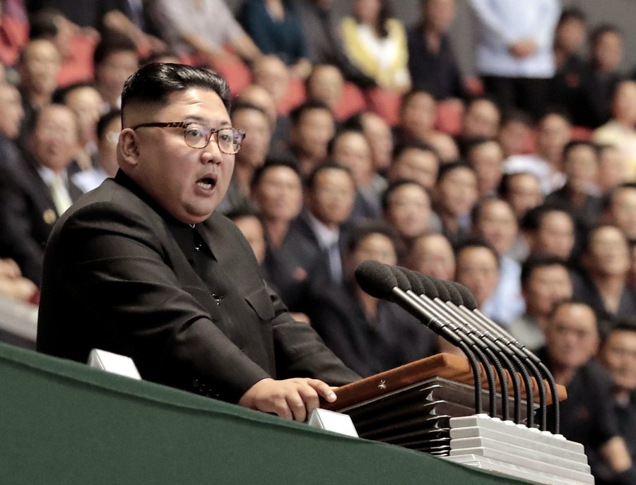 North Korean leader Kim Jong Un speaks after watch the gymnastic and artistic performance at the May Day Stadium on September 19, 2018 in Pyongyang, North Korea. (Credit: Pyeongyang Press Corps/Pool/Getty Images)