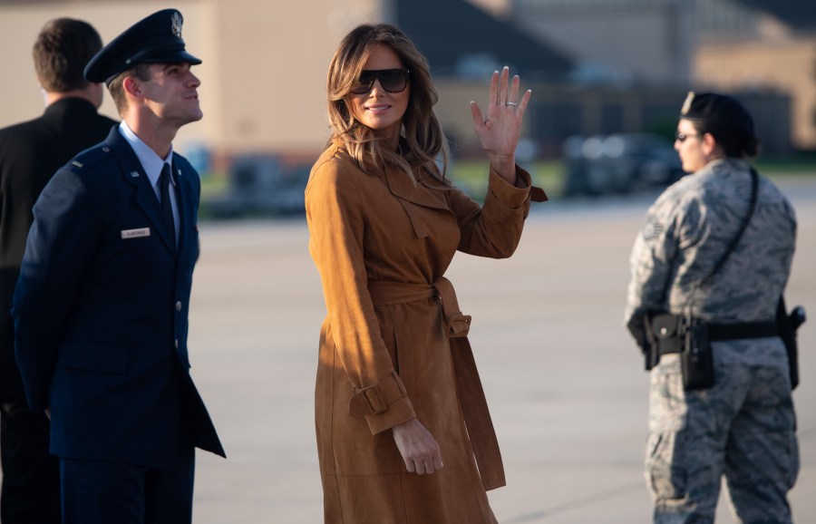 U.S. First Lady Melania Trump walks to her military airplane just before departing from Joint Base Andrews in Maryland, Oct. 1, 2018, as she travels on a week-long trip to Africa. (Credit: SAUL LOEB/AFP/Getty Images)