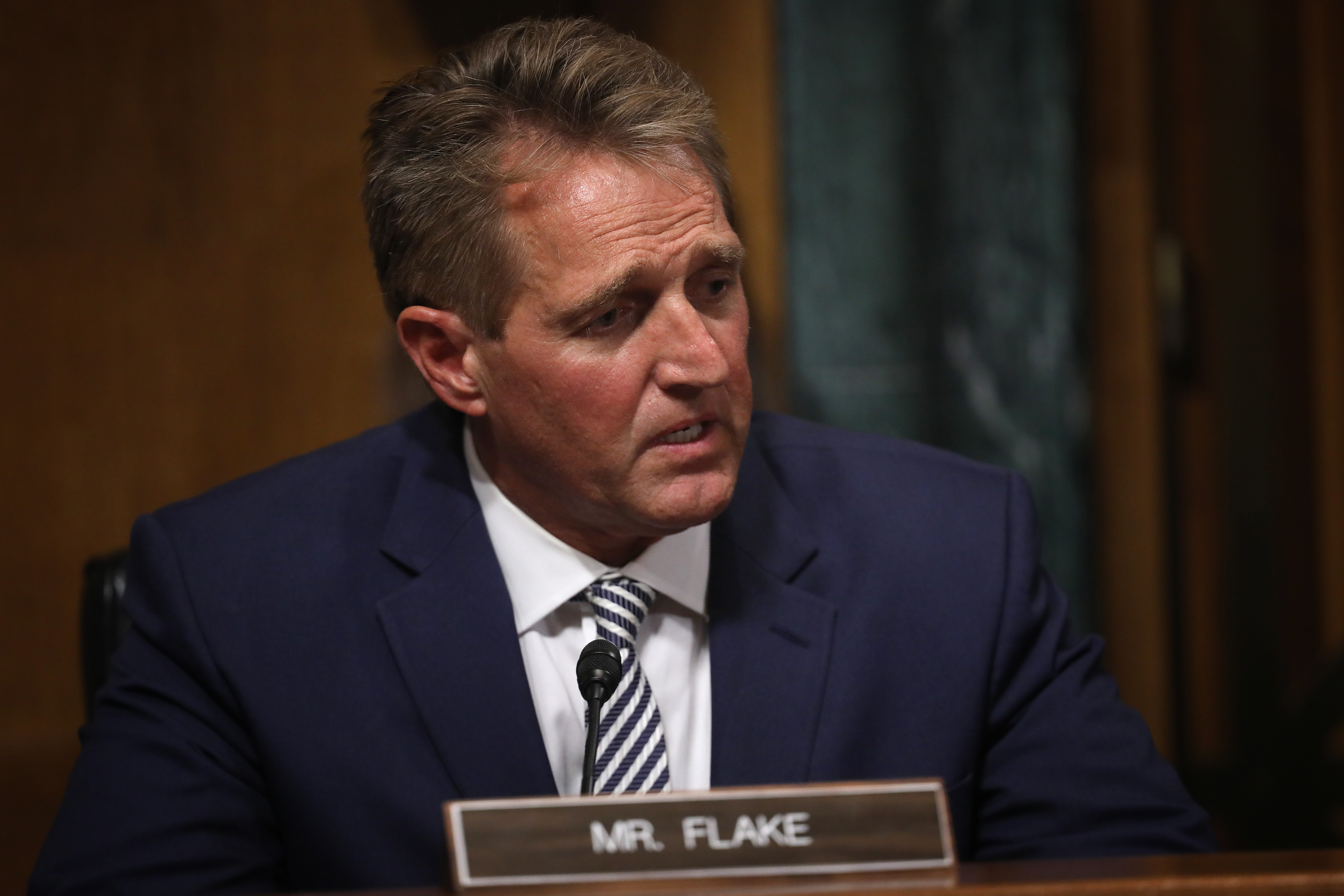 Sen. Jeff Flake (R-AZ) speaks during a meeting of the Senate Judiciary Committee on Sept. 28, 2018. (Credit: Win McNamee/Getty Images)