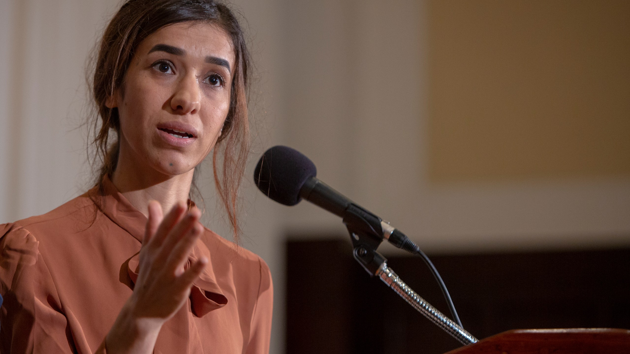 Nadia Murad, a 24-year-old Yazidi woman and co-recipient of the 2018 Nobel Peace Prize, speaks at the National Press Club on Oct. 8, 2018, in Washington, D.C. (Credit: Tasos Katopodis/Getty Images)