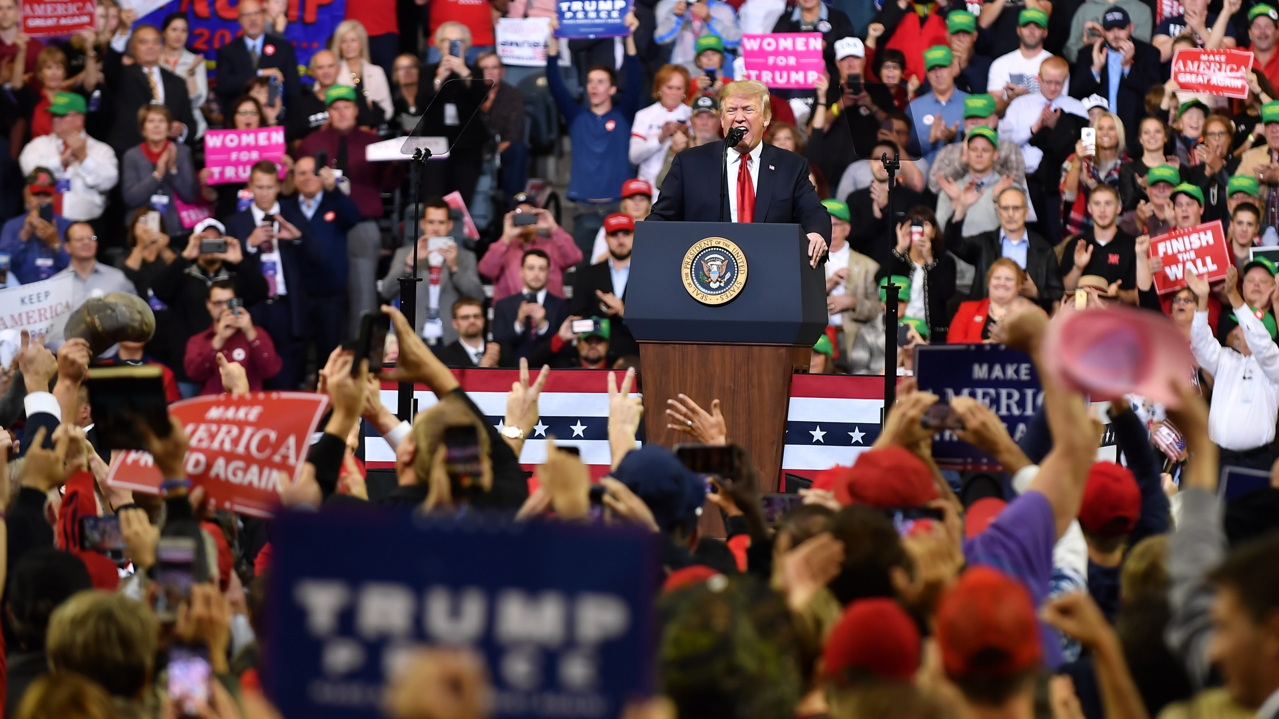 President Donald Trump speaks during a rally at the Mid-America Center in Council Bluffs, Iowa, on Oct. 9, 2018. (Credit: Mandel Ngan / AFP / Getty Images)