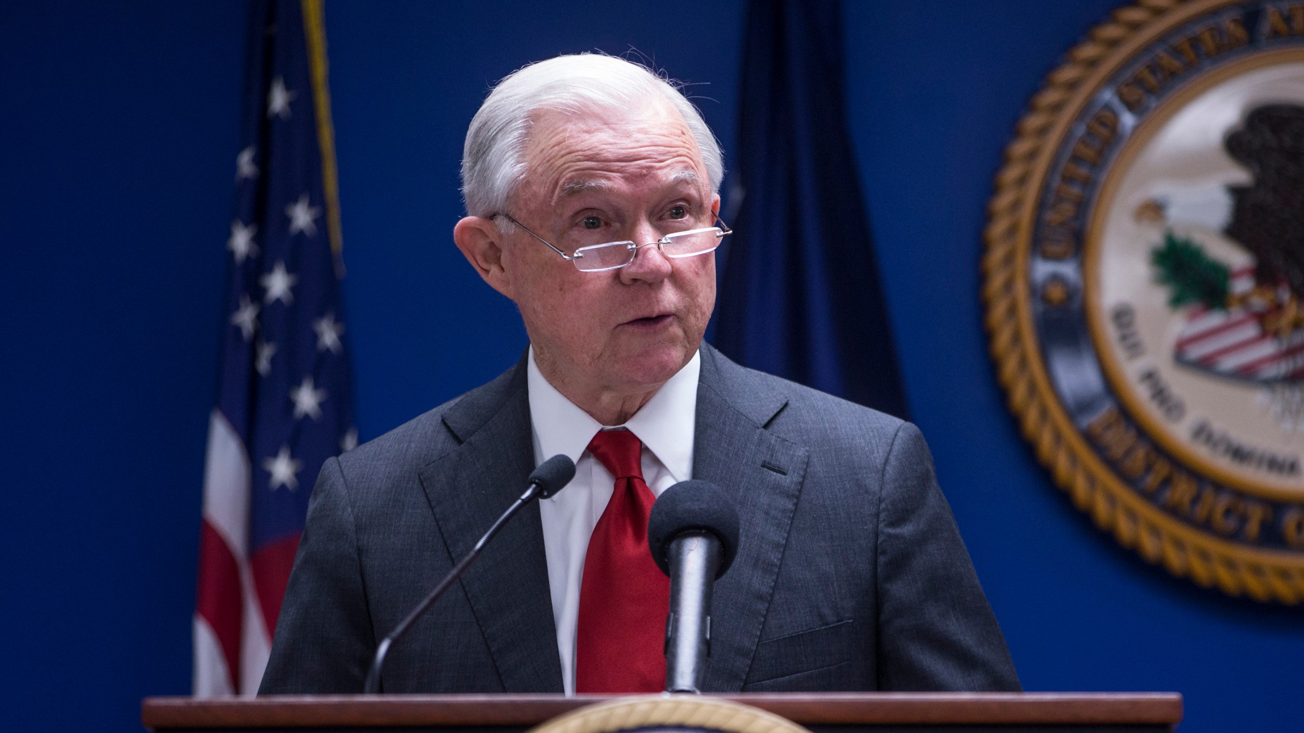 U.S. Attorney General Jeff Sessions speaks during a news conference on efforts to reduce transnational crime at the U.S. Attorney's Office for the District of Columbia on Oct. 15, 2018. (Credit: Zach Gibson/Getty Images)