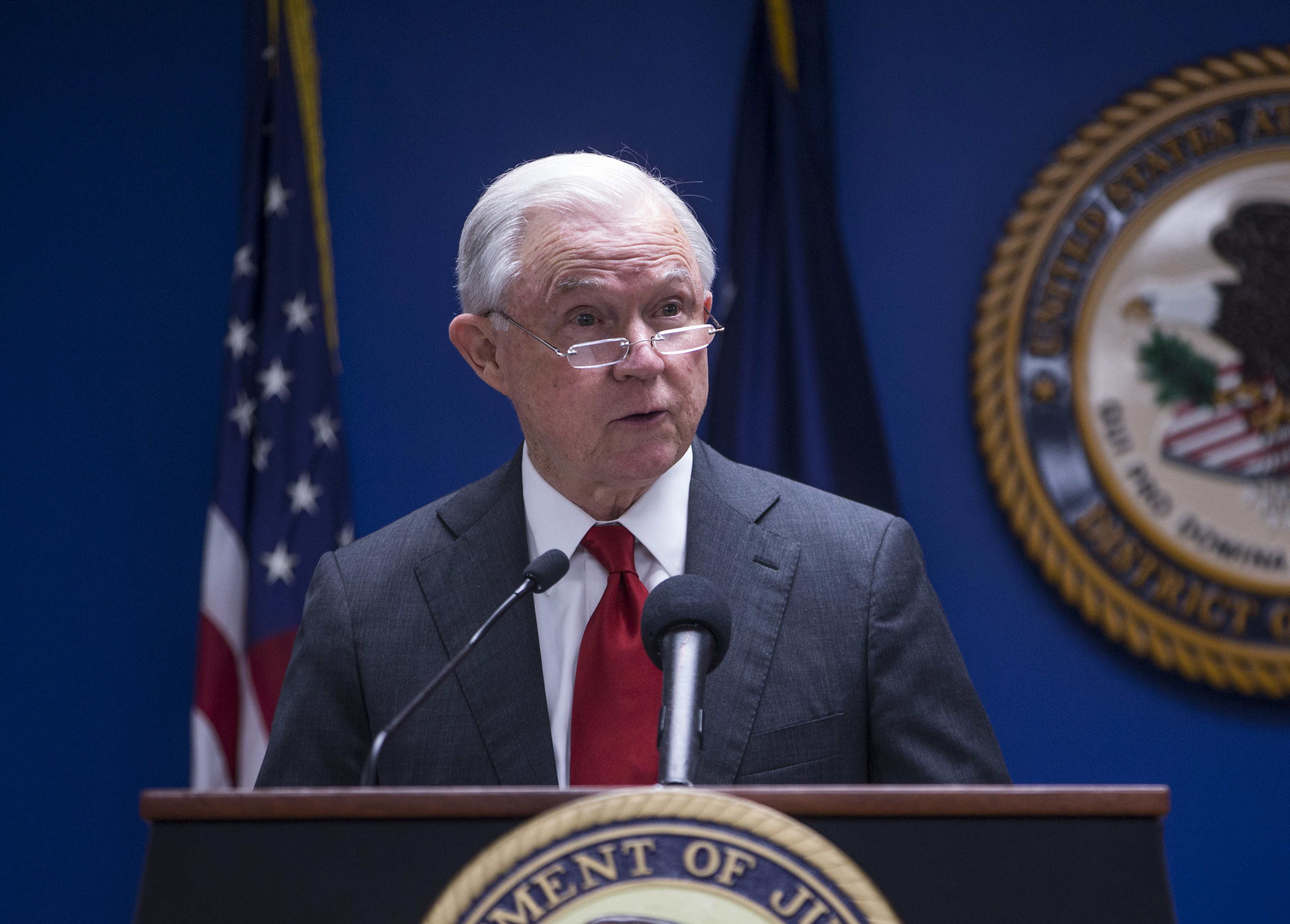 U.S. Attorney General Jeff Sessions speaks during a news conference on efforts to reduce transnational crime at the U.S. Attorney's Office for the District of Columbia on Oct. 15, 2018. (Credit: Zach Gibson/Getty Images)