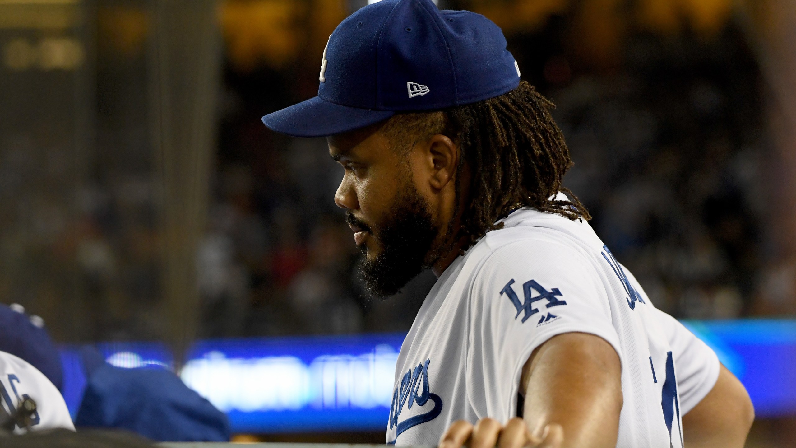 Kenley Jansen of the Los Angeles Dodgers looks on from the dugout during the ninth inning against the Boston Red Sox in Game Five of the 2018 World Series at Dodger Stadium on Oct. 28, 2018 in Los Angeles. (Harry How/Getty Images)