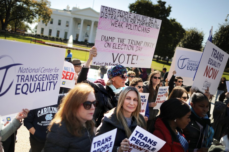 LGBT activists from the National Center for Transgender Equality, partner organizations and their supporters hold rally in front of the White House on Oct. 22, 2018. (Credit: Chip Somodevilla/Getty Images)