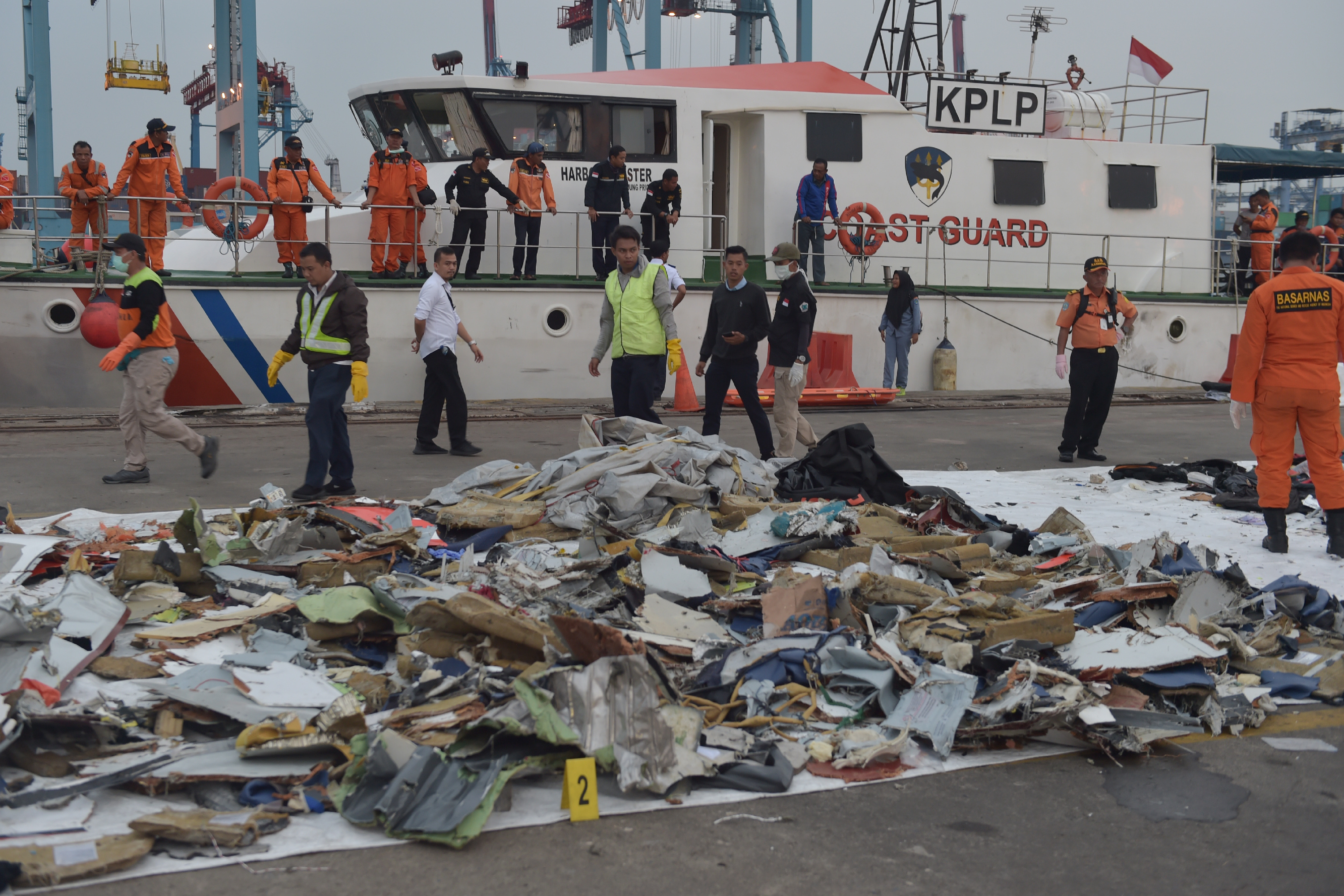 This picture taken at the Tanjung Priok Jakarta port on October 30, 2018 shows Indonesian people examining debris of the ill-fated Lion Air flight JT 610 in Jakarta. (Credit: Adek Berry/AFP/Getty Images)