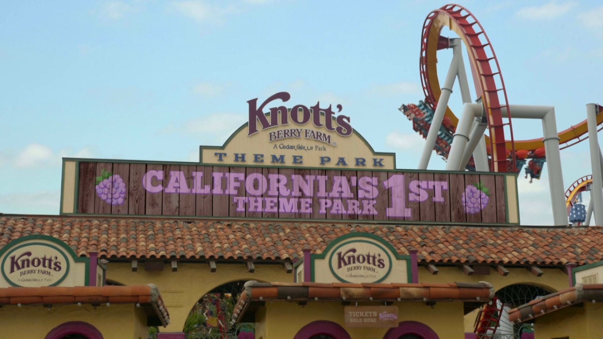 The entrance to Knott's Berry Farm is an image from handout video.