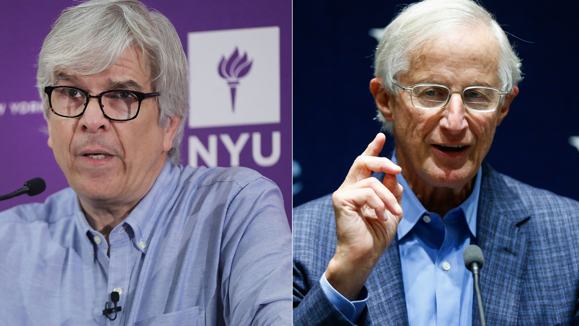 On left, New York University professor Paul Romer speaks at a news conference after being named a winner of the 2018 Nobel Memorial Prize in Economics with professor William D. Nordhaus of Yale University on Oct. 8, 2018 in New York City. (Credit: Spencer Platt/Getty Images) On right, Nordhaus is seen speaking at a news conference at Yale the same day for his own win. (Credit: Eduardo Munoz Alvarez/Getty Images)