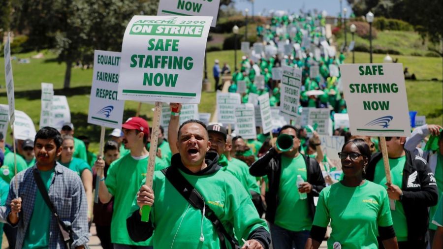 Thousands of striking UC workers, supporters and students march throughout the UCLA campus in May 2018. (Credit: Robert Gauthier)