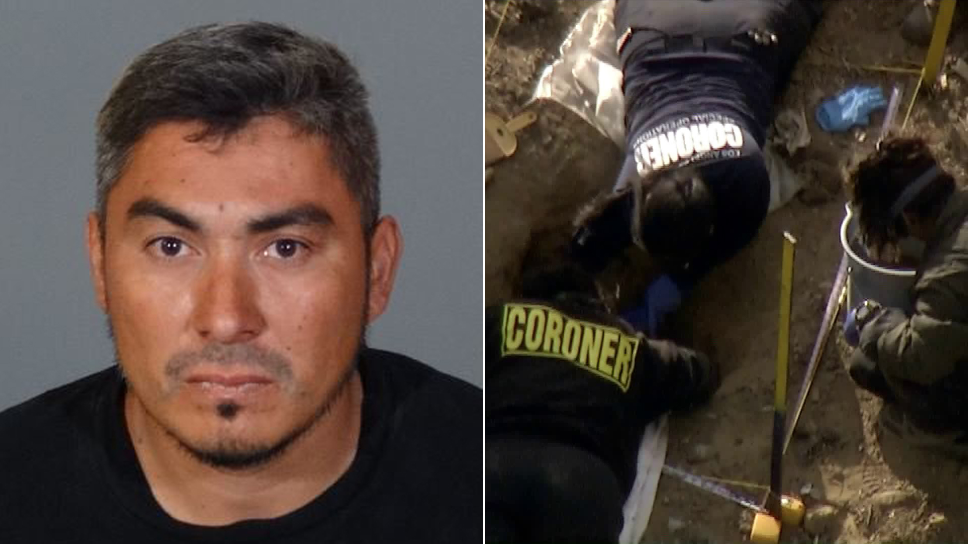 Left: Jesus "Chuy" Guzman is seen in a photo released by the L.A. County Sheriff's Department on Oct. 14, 2018. At right, investigators are seen digging at the property near Littlerock where Guzman formerly lived on Oct. 12, 2018, after the remains of three individuals were found there. (Credit: KTLA)