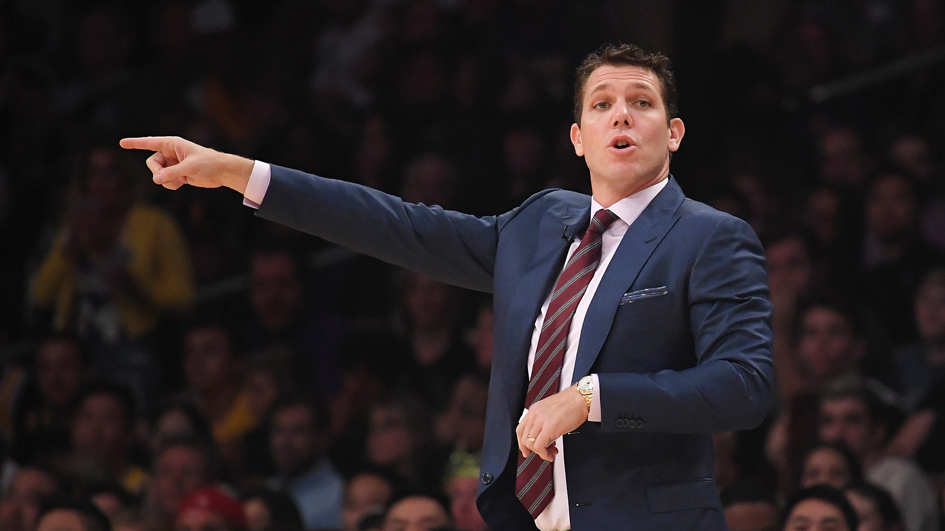 Head coach Luke Walton of the L.A. Lakers gestures during the first quarter against the Houston Rockets at Staples Center on October 20, 2018 in Los Angeles. (Credit: Harry How/Getty Images)