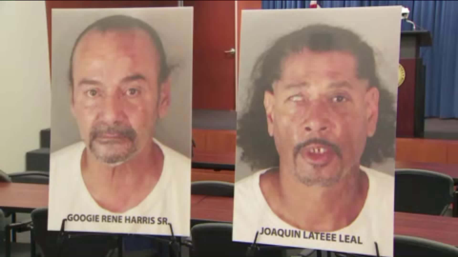 Photos Googie Rene Harris Sr. and Joaquin Lateee Leal are displayed by the Riverside County District Attorney's Office during a news conference in October 2018.