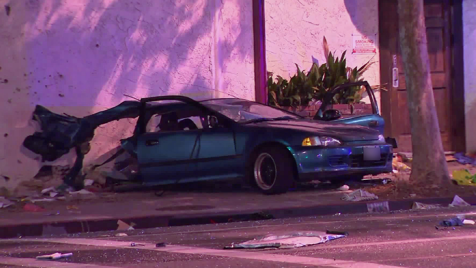 A Honda Civic was torn apart as a result of a suspected DUI crash in Pasadena on Oct. 15, 2018. (Credit: KTLA)