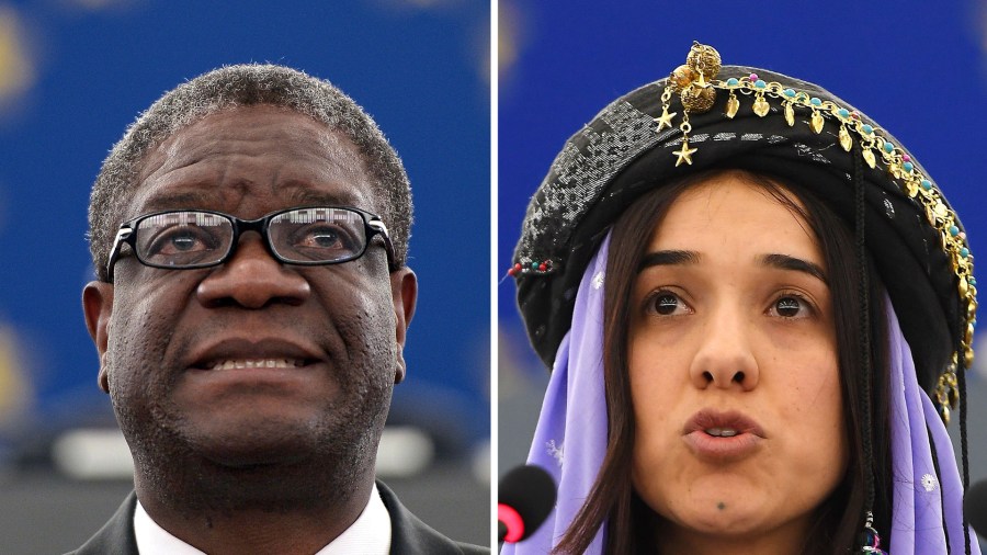 Congolese gynecologist Denis Mukwege is shown on Nov. 26, 2014 at the European Parliament in Strasbourg, and Nadia Murad is shown on Dec. 13, 2016 at the European parliament in Strasbourg. (Credit: Frederick Florin/AFP/Getty Images)