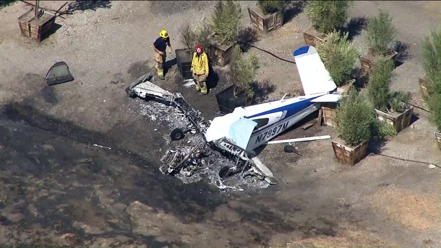 A plane crashed near Brackett Field Airport in La Verne on Oct. 1, 2018. (Credit: KTLA)