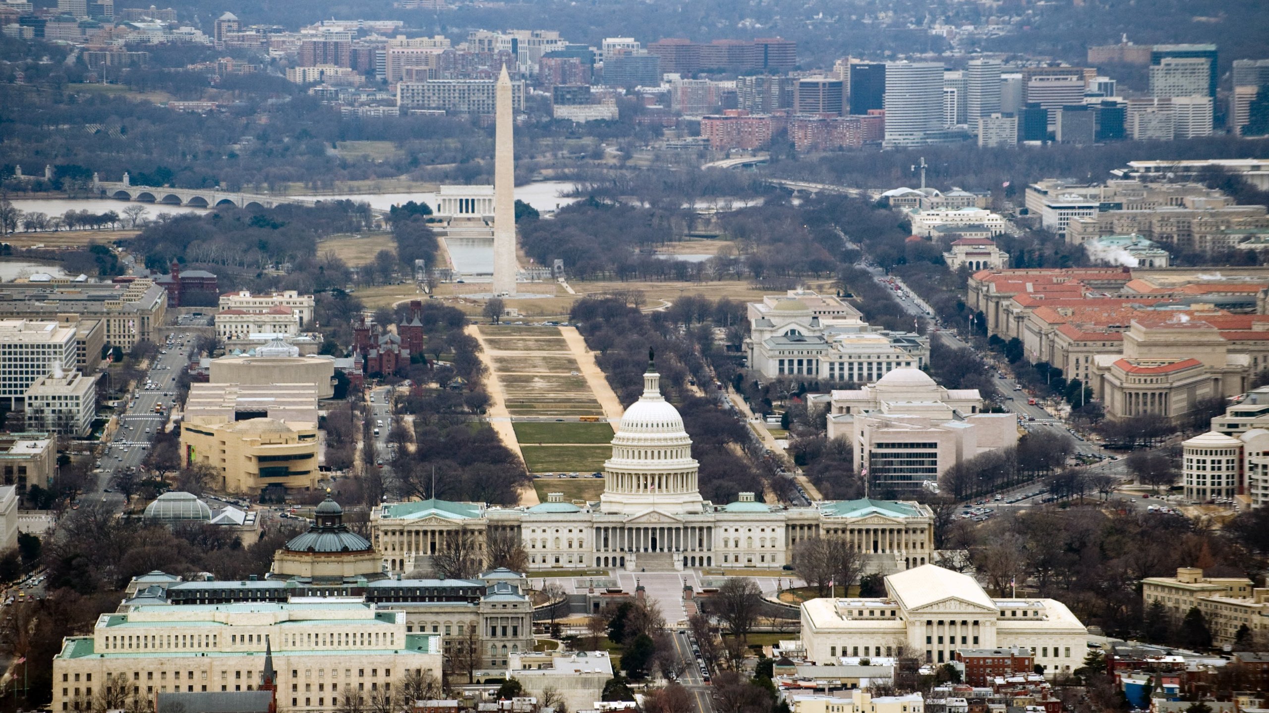 The skyline of Washington, DC, including the US Capitol building, Washington Monument, Lincoln Memorial and National Mall, is seen from the air, January 29, 2010. (Credit: Saul Loeb/AFP/Getty)