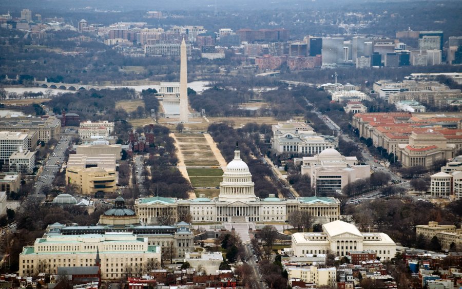 The skyline of Washington, DC, including the US Capitol building, Washington Monument, Lincoln Memorial and National Mall, is seen from the air, January 29, 2010. (Credit: Saul Loeb/AFP/Getty)