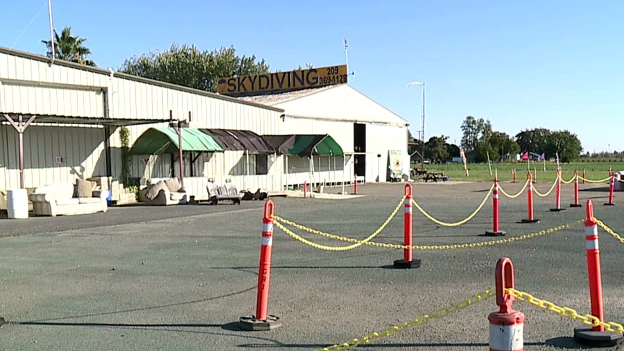 The Lodi Skydiving Center is seen after a woman died when her parachute failed to deploy during a jump on Oct. 14, 2018. (KTXL)