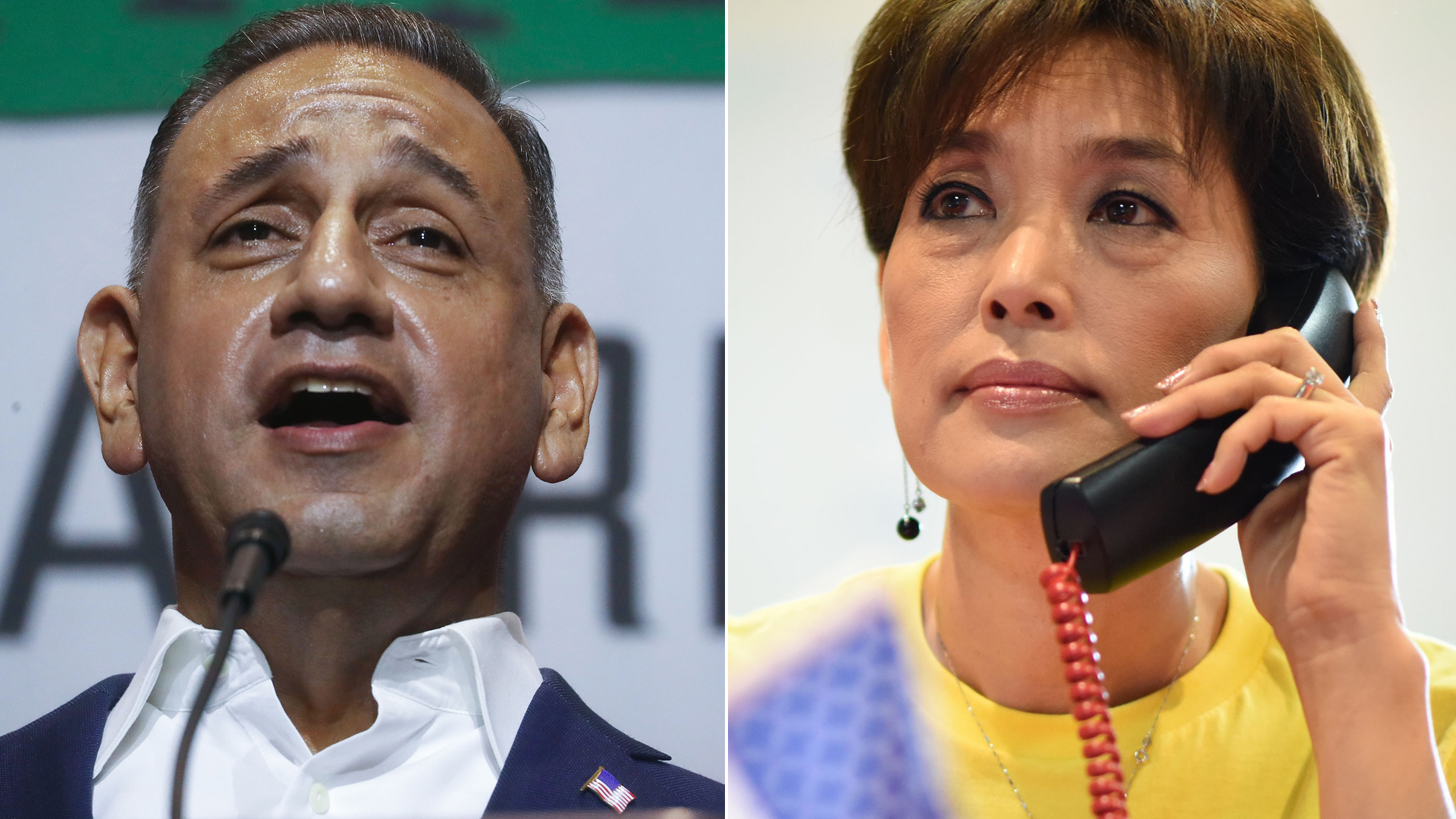 Left, Gil Cisneros speaks at a rally in Fullerton on Oct. 4, 2018. Right, Young Kim makes campaign calls at her campaign office in Yorba Linda on Oct. 6, 2018. (Credit: Getty Images / left, Mario Tama; right, ROBYN BECK)