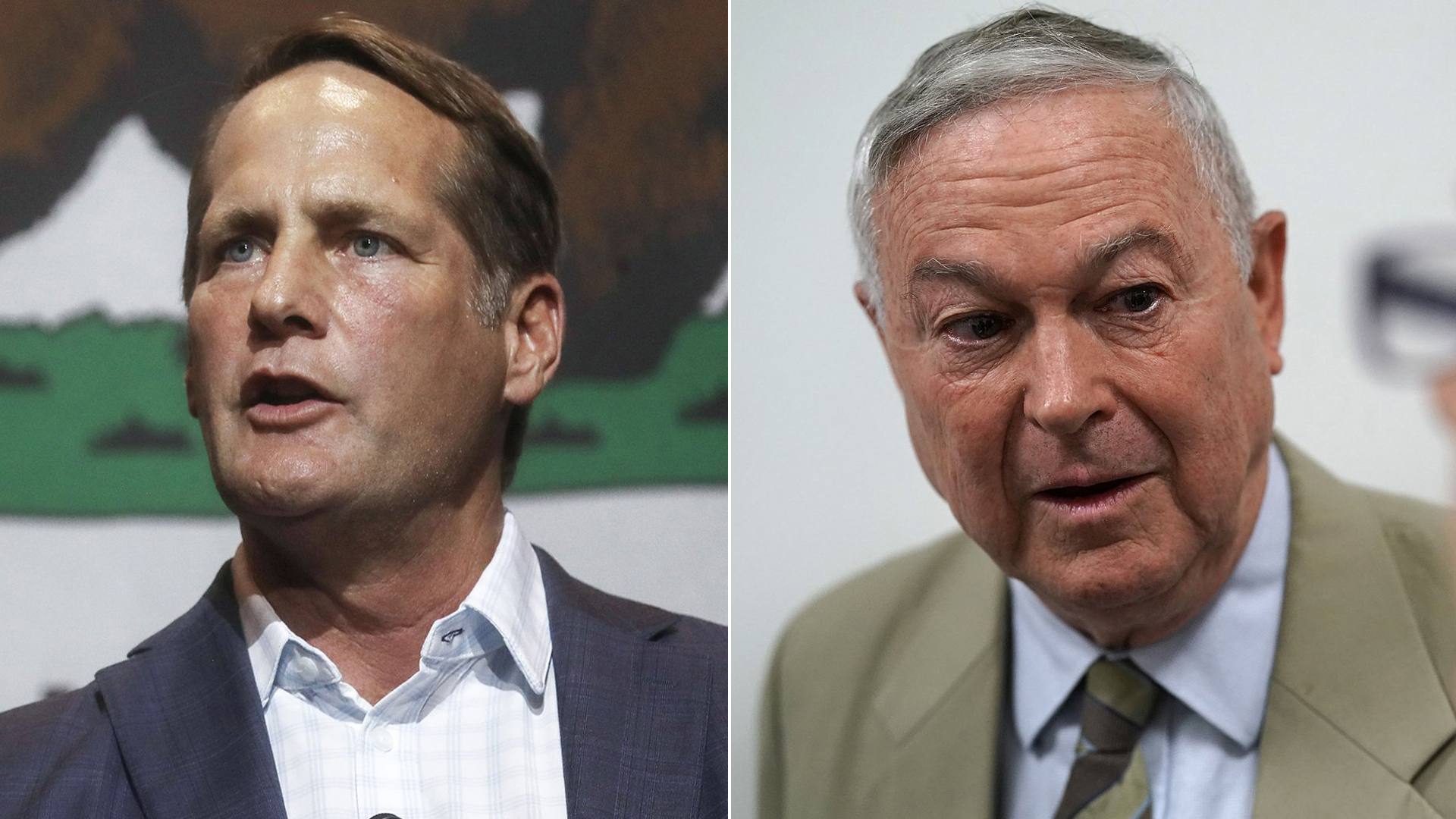 At left, Democratic congressional candidate Harley Rouda speaks at an election rally in Fullerton on Oct. 4, 2018. At right, incumbent GOP Rep. Dana Rohrabacher speaks to the media after leaving a Republican conference meeting on Capitol Hill, June 7, 2018. (Credit: Mario Tama / Alex Wong / Getty Images)