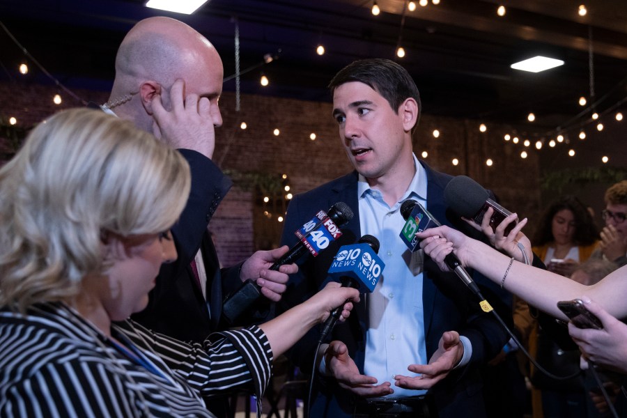 Democratic candidate for California's 10th Congressional District Josh Harder speaks with television reporters during an election night event in Modesto on Nov. 6, 2018. (Credit: Alex Edelman / Getty Images)