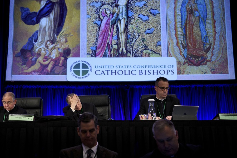 Reverend Jose Gomez (Top L), Archbishop of Los Angeles and Vice President of the USCCB General Assembly, Cardinal Daniel DiNardo (Top C), President of the USCCB General Assembly, and others wait for an opening session during the annual US Conference of Catholic Bishops November 12, 2018 in Baltimore, Maryland. (Credit: BRENDAN SMIALOWSKI/AFP/Getty Images)