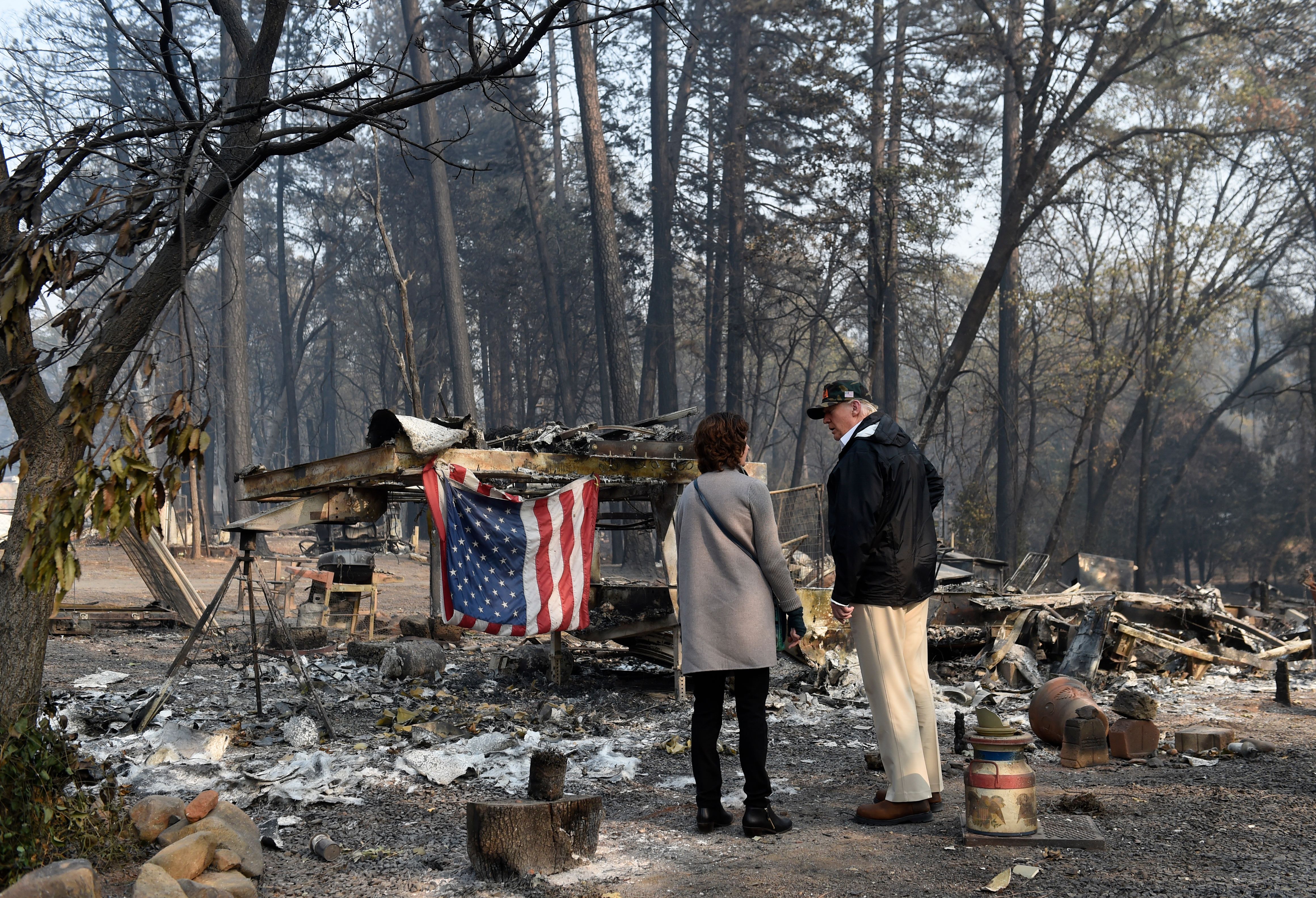 Donald Trump views damage from the Camp Fire in Paradise, California on Nov. 17, 2018. (Credit: SAUL LOEB/AFP/Getty Images)